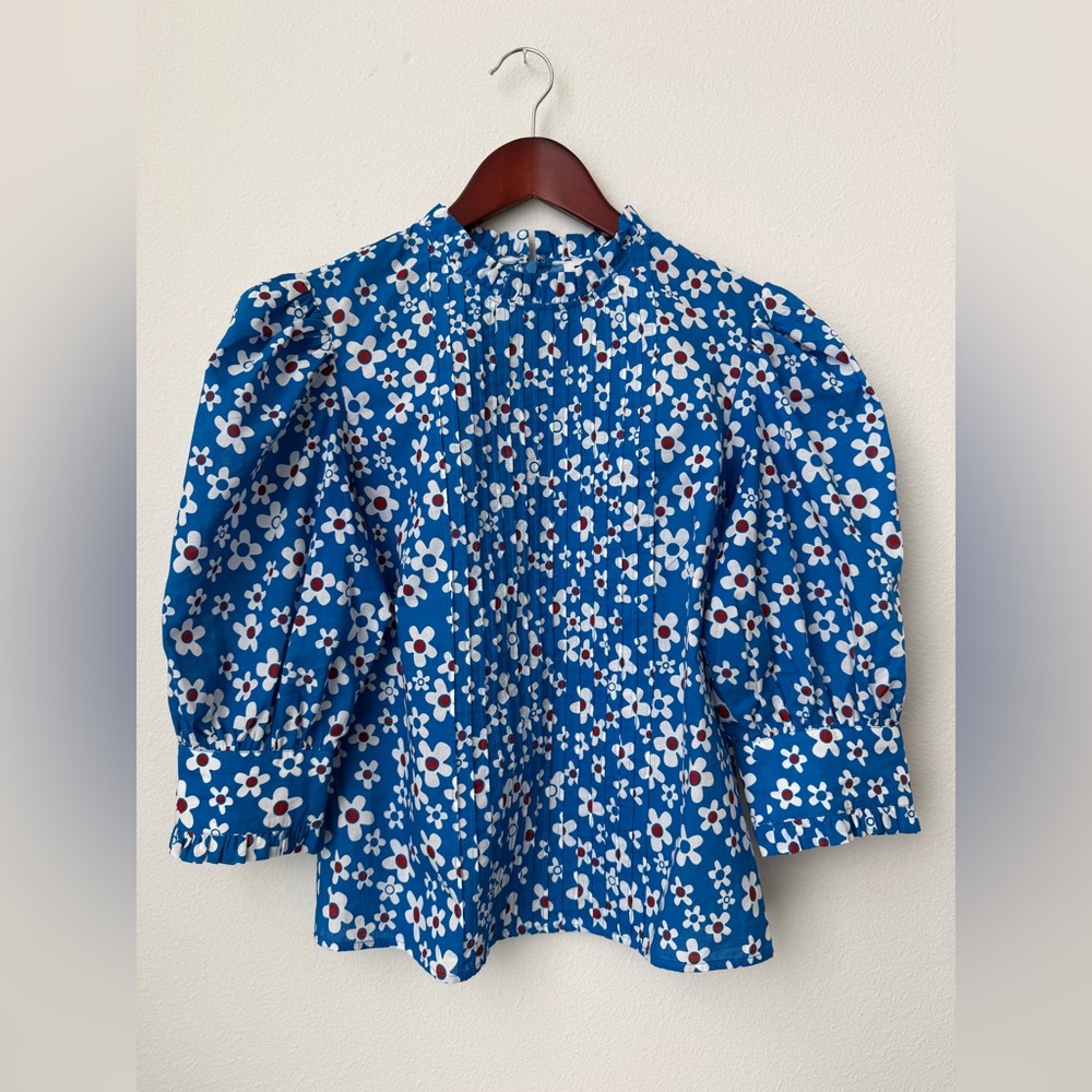 RIXO Mandy Retro Ruffle Puff Sleeve Top in Micro Mod Floral Blue Size XS/ US 4 - Picture 4 of 10